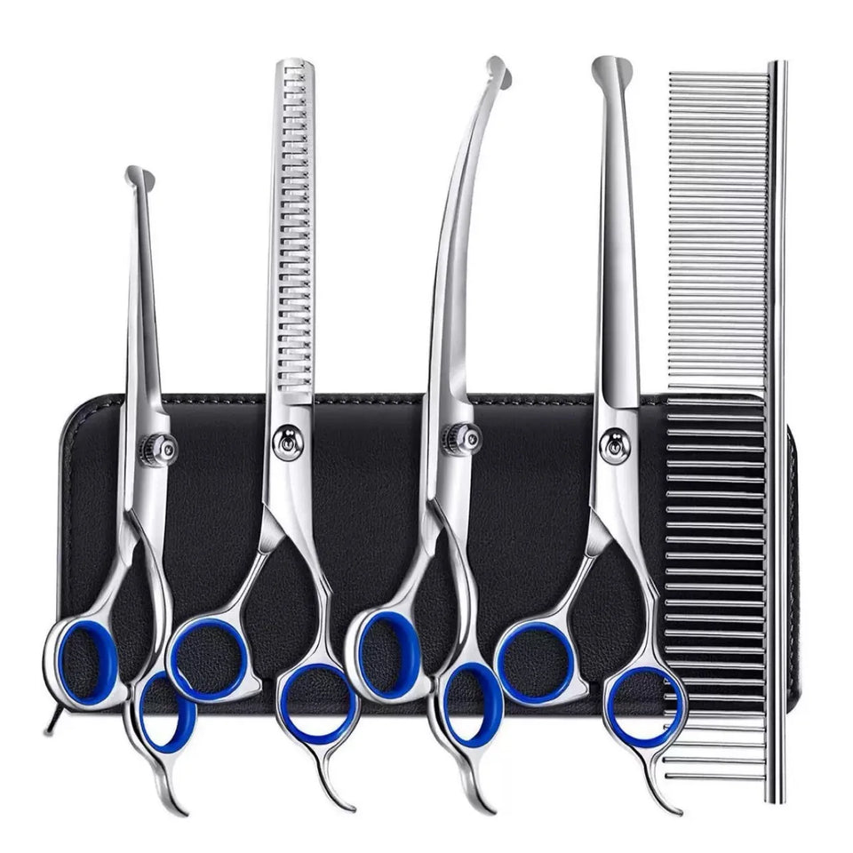 Groom Your Pet Like a Pro — Right at Home

Skip expensive grooming appointments and take control of your pet’s care. This professional grooming scissors kit lets you safely trim, shape, and style your dog or cat’s coat with precision and ease — all from the comfort of home.
Key Benefits
Salon-Quality Grooming at Home – Achieve clean, smooth cuts without costly groomer visits.
Safe for Sensitive Areas – Rounded safety tips help prevent accidental nicks around the face, ears, and paws.
Perfect for All Coat
