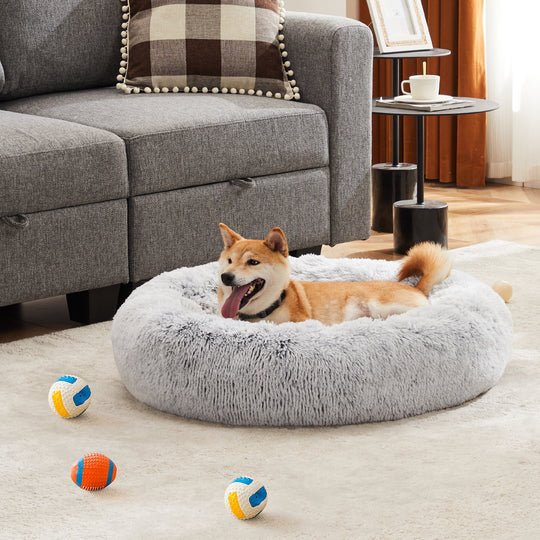 Round plush faux fur dog and cat bed