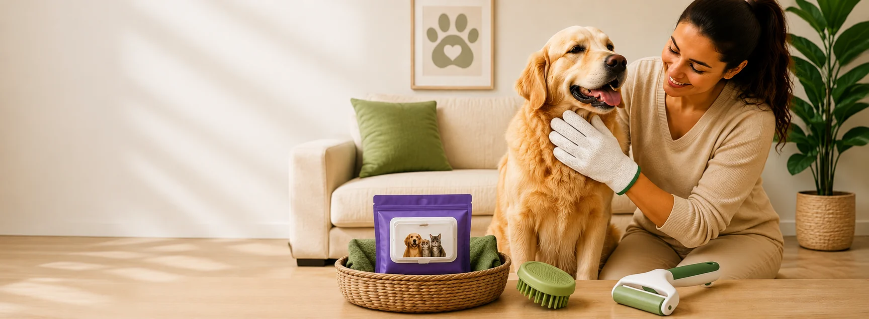 A woman gently cleaning a golden retriever with a pet glove wipe