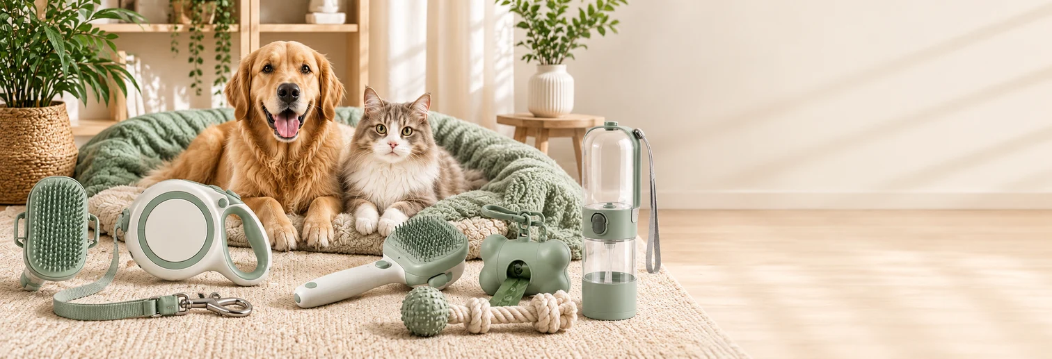 Dog and cat with pet essentials