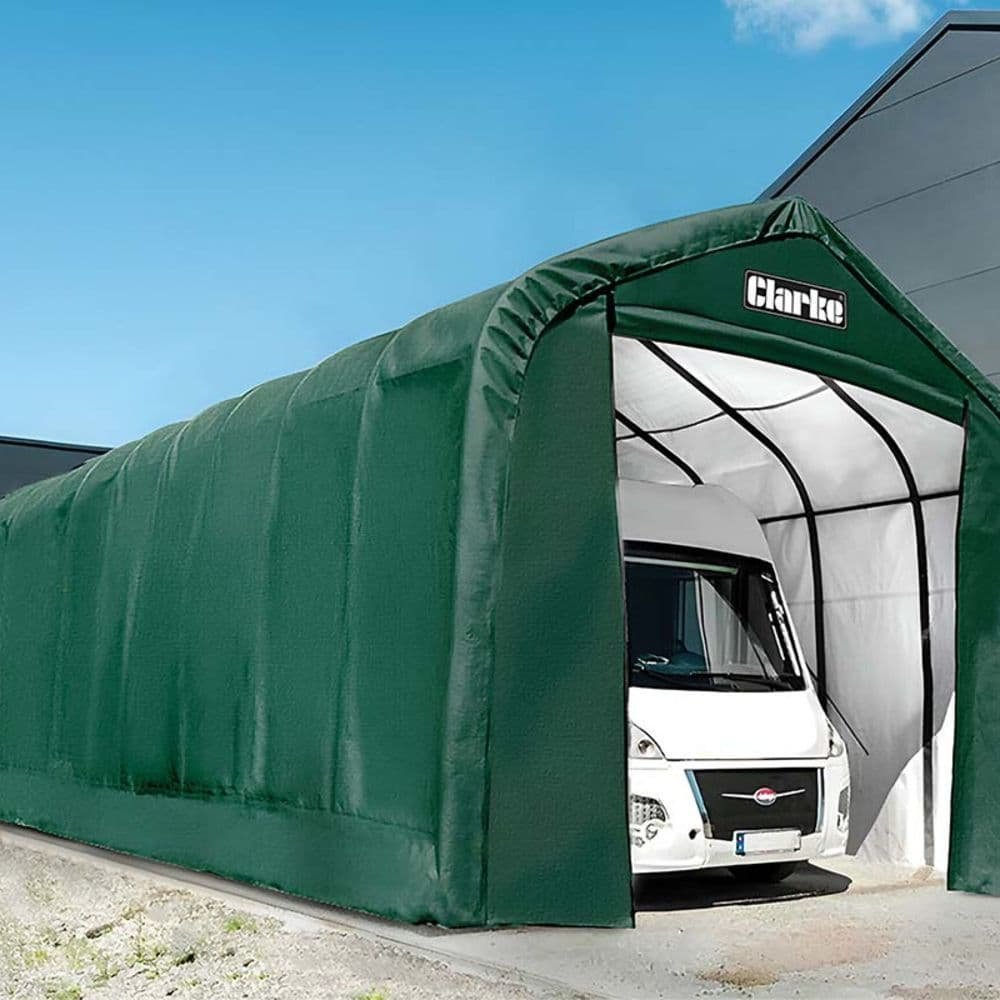clarke-cig1432-x-large-garage-workshop-with-round-roof-in-green-32-x14-x12-9.7-4.3-18201-p_92972229-7ed6-4719-981a-ebd8909c71e3.jpg Clarke CIG1432 X-Large Garage / Workshop with Round Roof in Green 32’x14’x12′ / 9.7×4.3×3.65m - Image 1